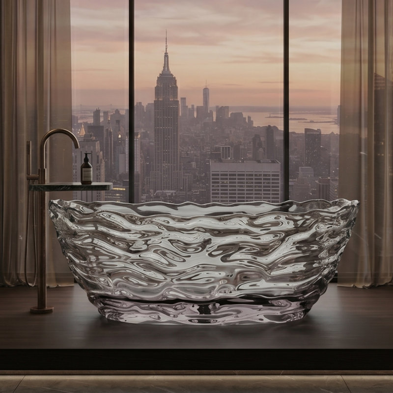 69" Freestanding Transparent Resin Soaking Bathtub - Clear Wavy Crystalline Luxury Tub