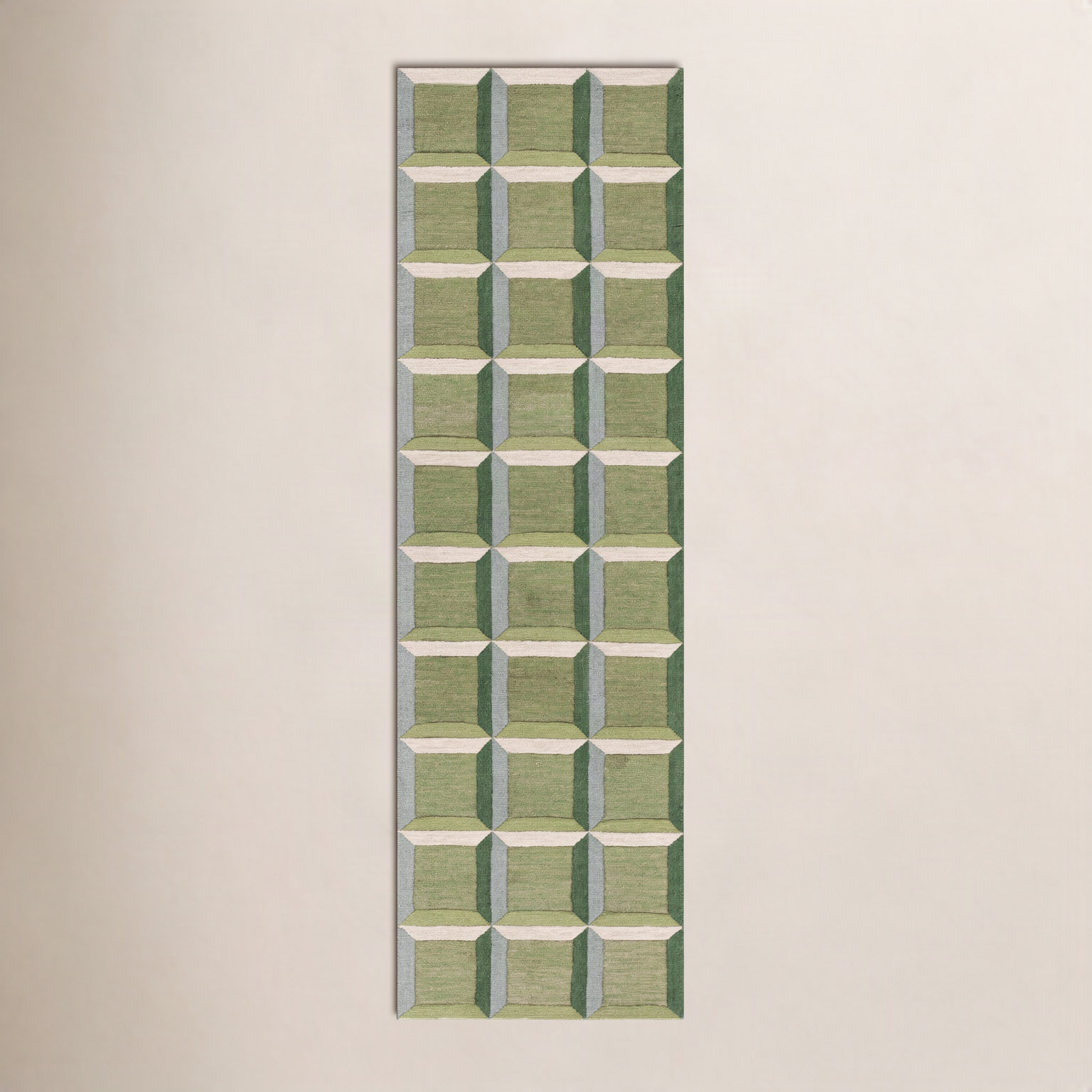 Giedre Green Beige Hand-Tufted Wool Rug, Runner 2'3" x 19'
