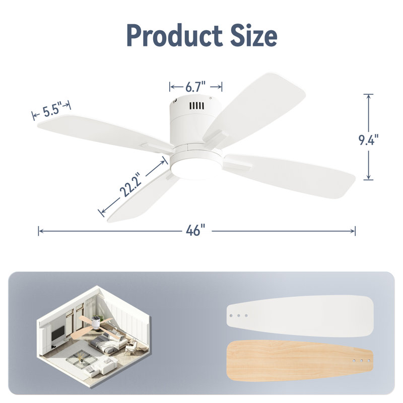 46" Modern White Flush-Mount Ceiling Fan with Light & Remote/App Control for Bedroom & Living Room, White, 46" Wide