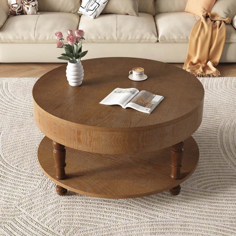 Table basse avec rangement double pour le salon, table basse ronde moderne de 31,5 po avec rangement et compartiment caché, pieds de nivellement réglables, assemblage facile (noyer)