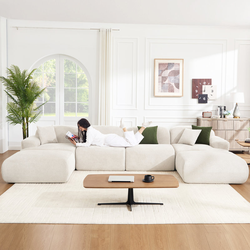 153.5" U Shaped Sectional Compression Chenille Corduroy Modular Sofa Oversized, Beige Polyester Blend