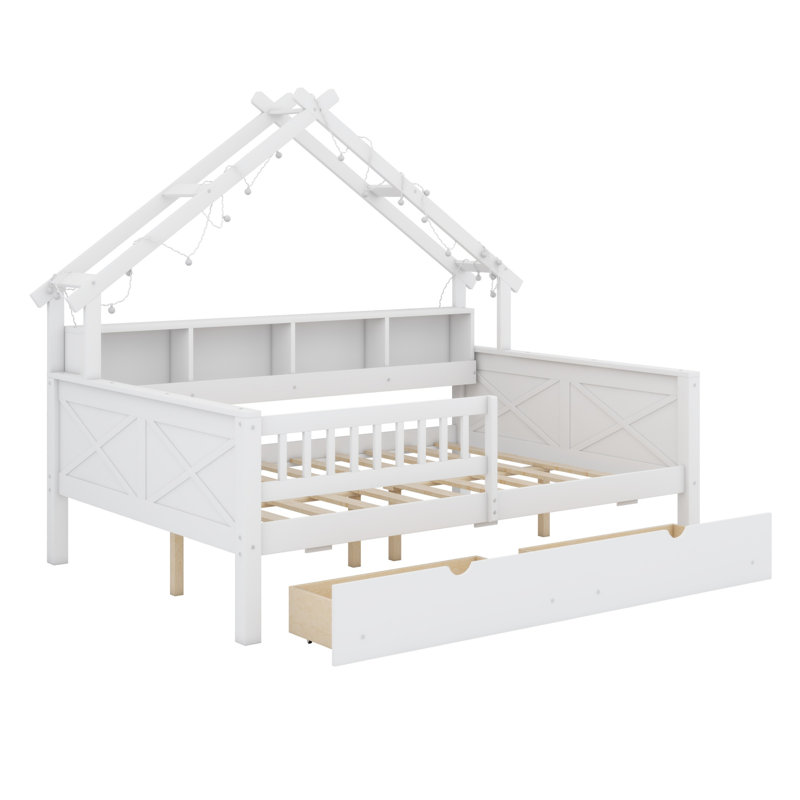 Lits plateforme en bois avec DEL, tablettes de rangement, tiroirs et garde-corps, Blanc