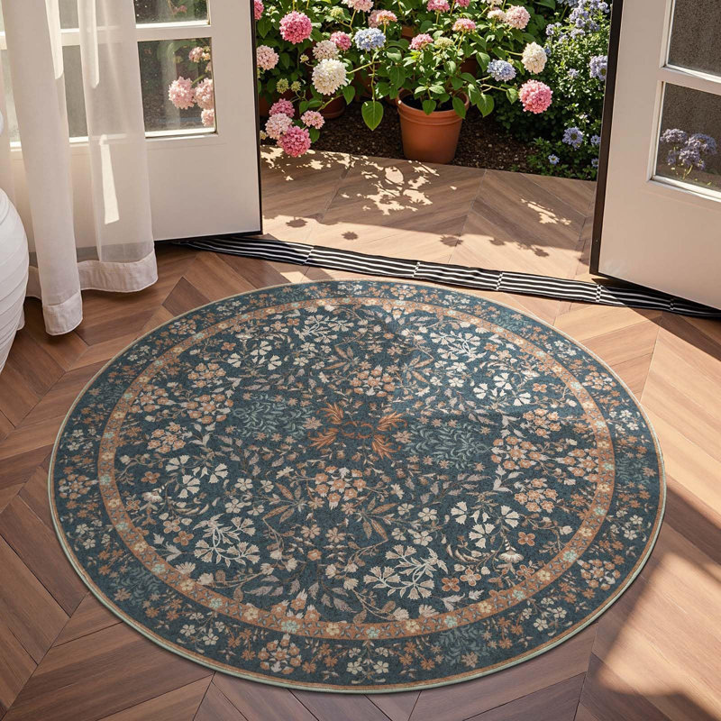 Floral Machine Washable Area Rug, Round 5'