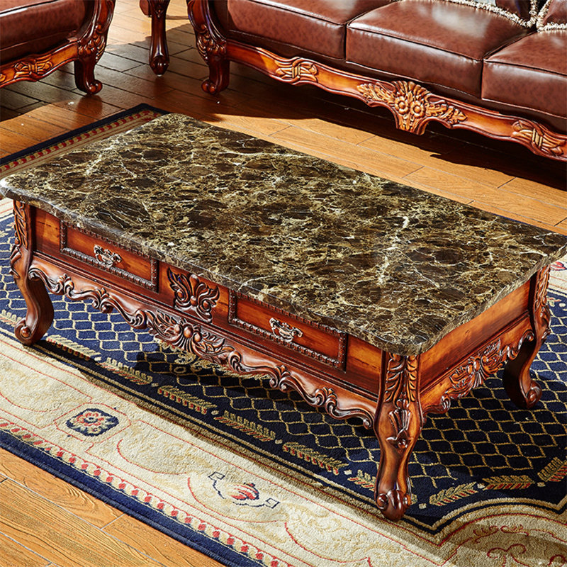 European style solid wood carving tea table Faux Marble Top Coffee Table