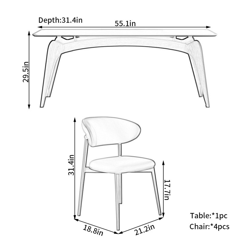 Alizee Modern Rectangular Rock-Plate Dining Table Chair, 29.5"H x 55.1"L x 31.4"W