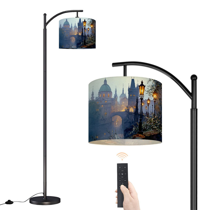  Lampe sur pied en arc romantique European Stone Bridge River, bâtiments historiques, soirée douce, grande lampe sur pied moderne, abat-jour réglable en lin à 3 couleurs