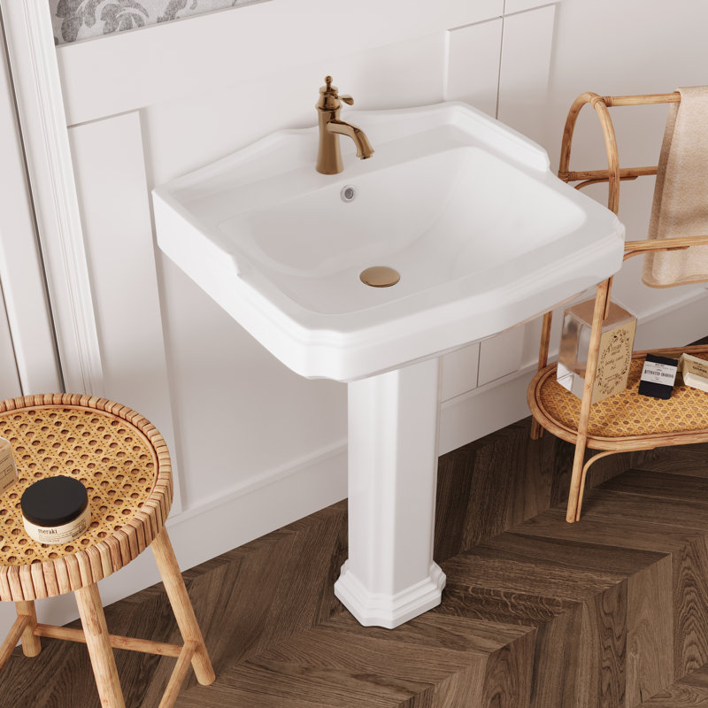 Lavabo de salle de bain rectangulaire sur pied en porcelaine vitreuse avec trop-plein 35,5 po Dynasty, Single, Blanc