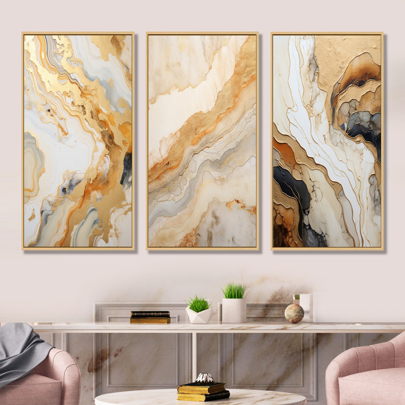 Or et blanc rivière de marbre - ensemble de 3 décorations murales en marbre abstrait, H 40 po x l 60 po, Cadre flottant brun