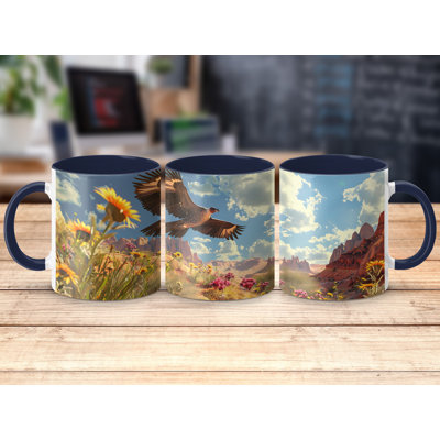 Set of 2 Realistic Animal Design 11oz Accent Mugs – Ceramic Coffee Cups with a Navy Handle and Interior
