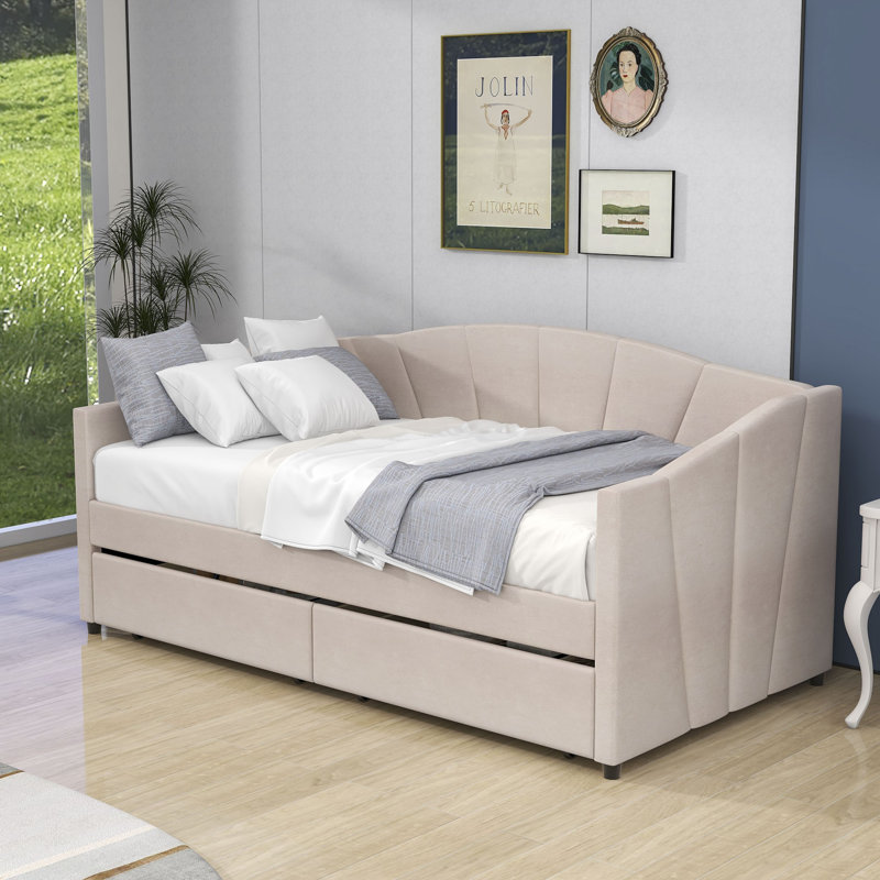 Twin Size 2 Drawers Upholstered Daybed with Wood Slat Support, Beige