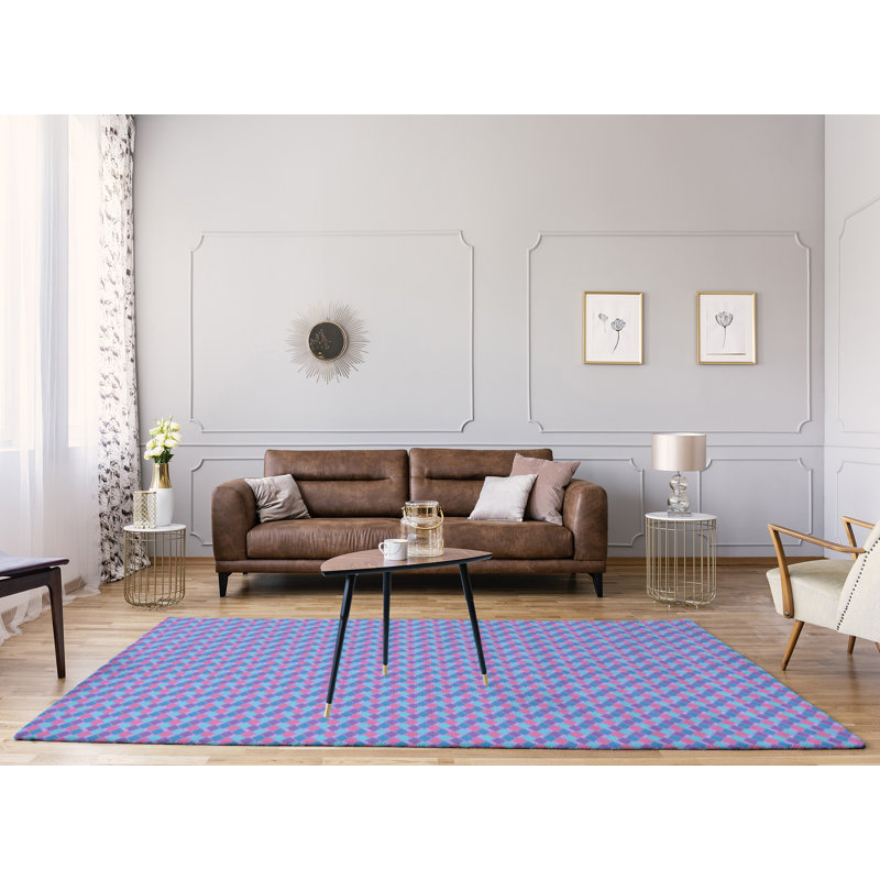 Tapis bleu/rose rétro diamants, Rectangle 9 pi x 12 pi