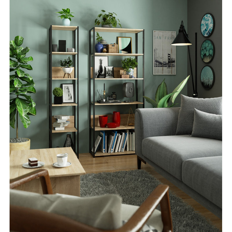 Amadita 192cm H Metal Bookcase, (6 shelves) 192cm H x 40cm W x 32cm D, Black/Light Tan