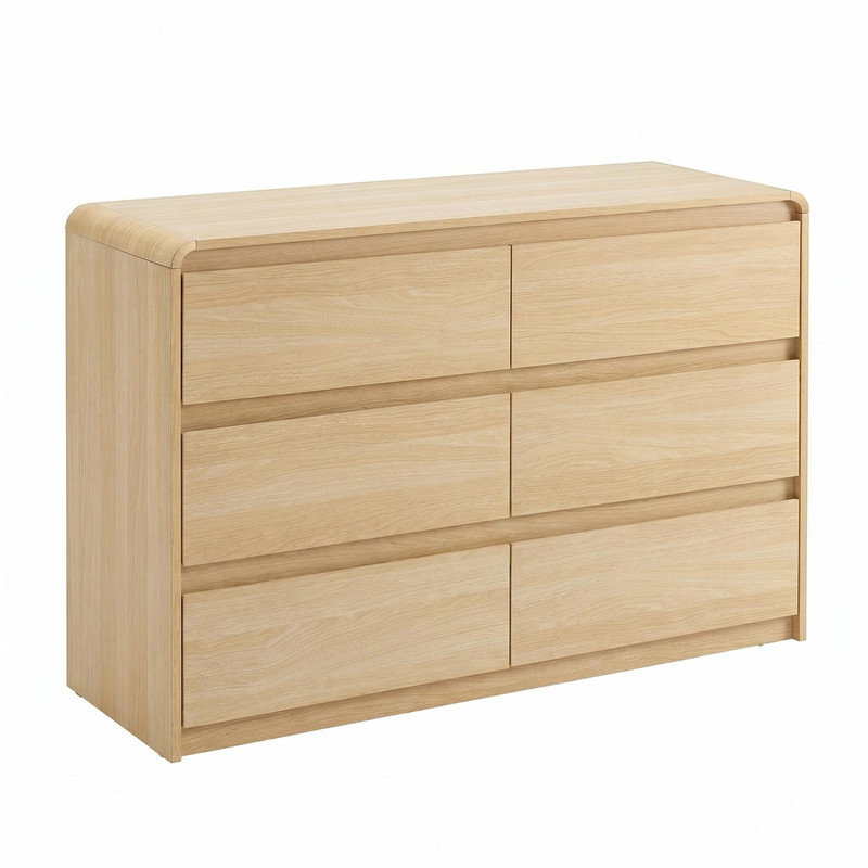 Commode en bois naturel à 6 tiroirs avec poignées dissimulées