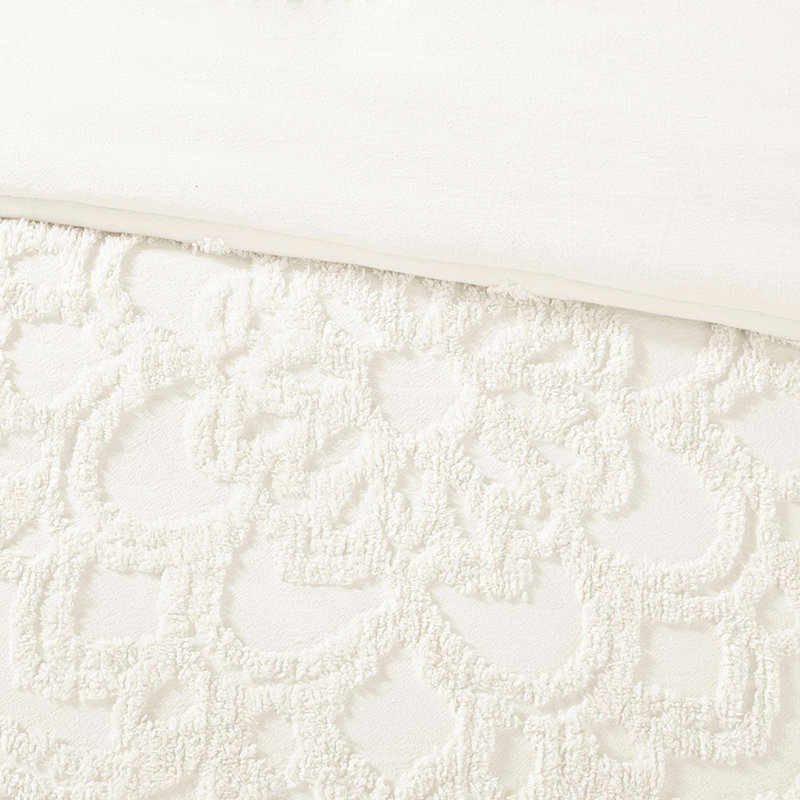 Housse de couette en coton chenille à médaillon, double / grand, pour une chambre romantique, Blanc cassé