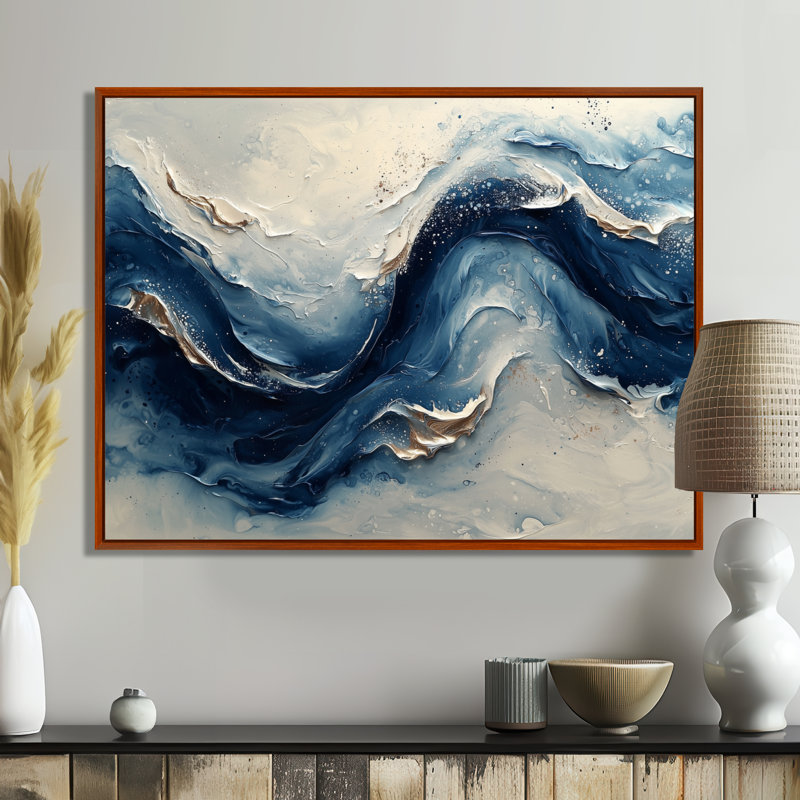 Encre bleue et grise, vagues de la rivière - peinture abstraite, art mural, H 34 po x l 44 po, Brun, Cadre flottant