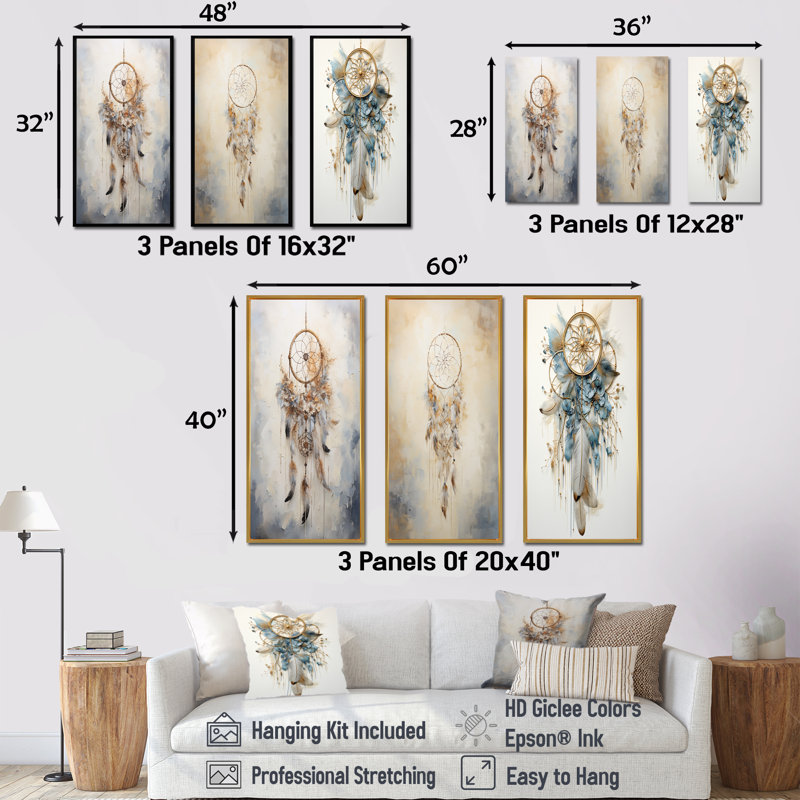 Thread Of Dreams - Dreamcatcher bleu - ensemble de 4 impressions sur toile, Cadre flottant blanc, H 40 po x l 60 po