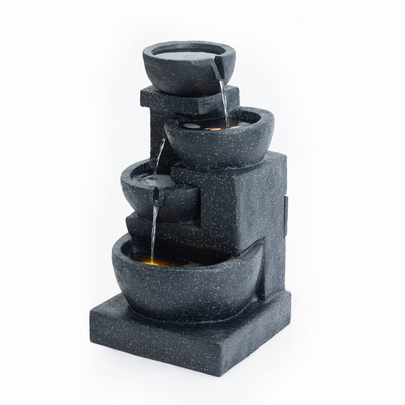 29-Inch Terrazzo Style LED Outdoor Indoor Water Fountain With Cascading Bowls & Stacked Stones