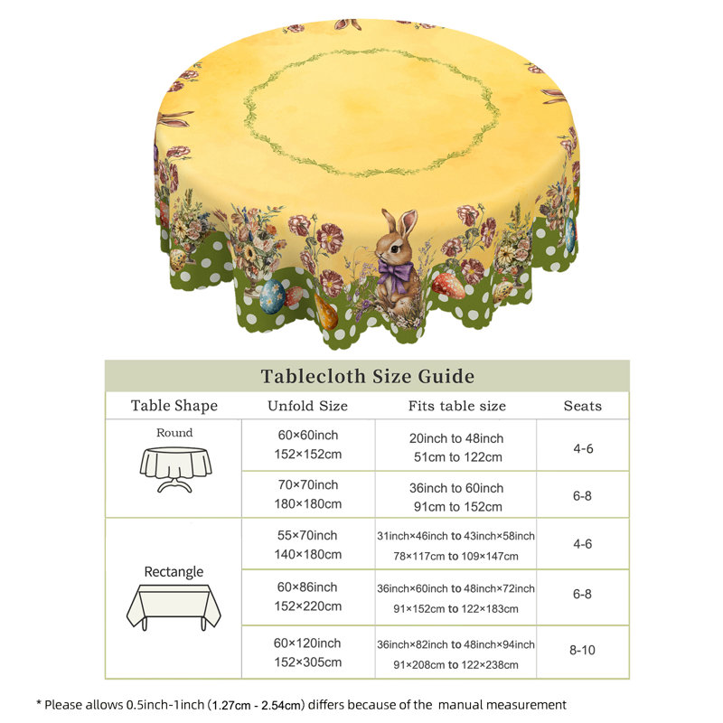 Nappe en polyester de Pâques jaune lavable à la machine, L 86,8 po x l 70,8 po