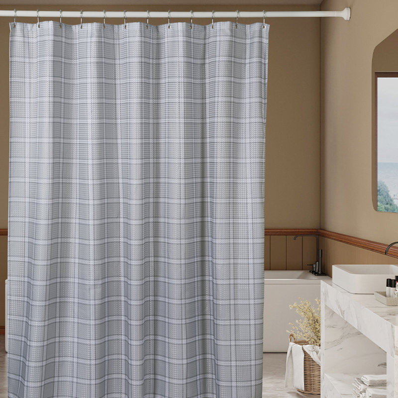 Gray Plaid Linen Textured Waterproof Shower Curtain with Hooks