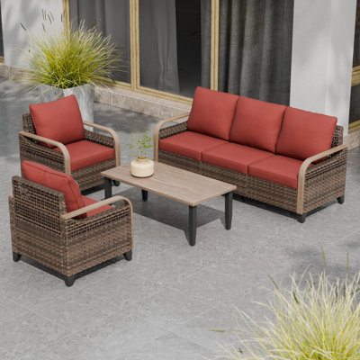 4-Piece Outdoor Patio Brown Wicker Wood Grain Armrest Dining Lounge Chair Sofa Seating Group with Cushion, Coffee Table