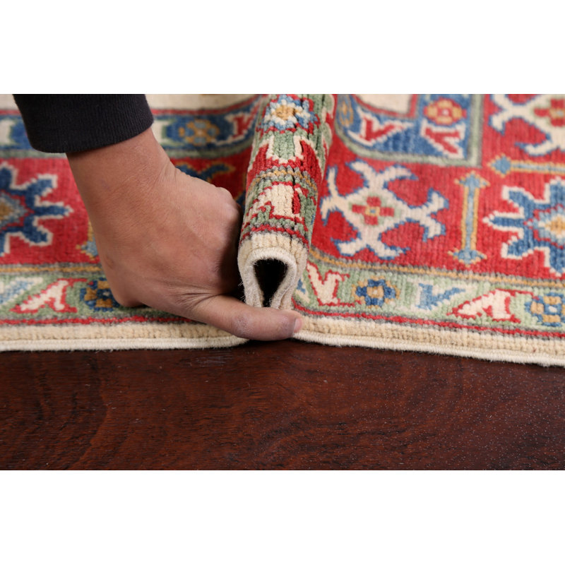 Tapis beige en laine noué à la main de conception unique 4 pi x 5 pi 8 po