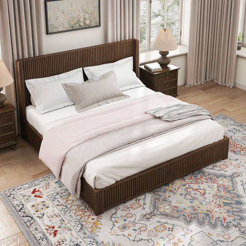Solid Wood Platform Bed Frame With Headboard, No Box Spring Needed, Floor-Standing Bed, Easy Assembly, Walnut, King