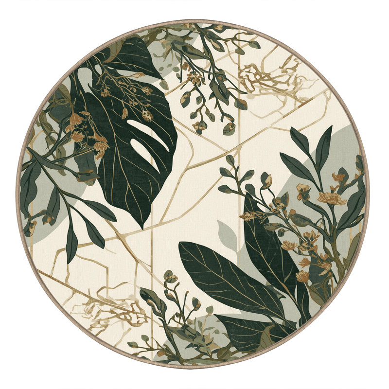 Machine Washable Pavla Garden Floral Rug in Beige – Beige Binding, 5' Round