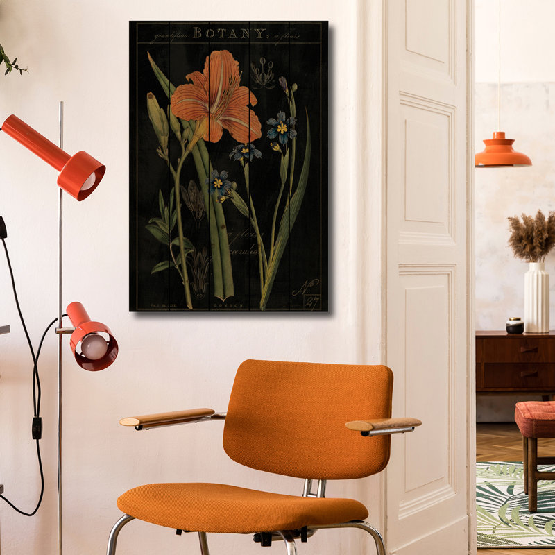Reproduction d'art mural en bois - Flore rétro II sur fond noir par Sue Schlabach, H 40 po x l 26 po