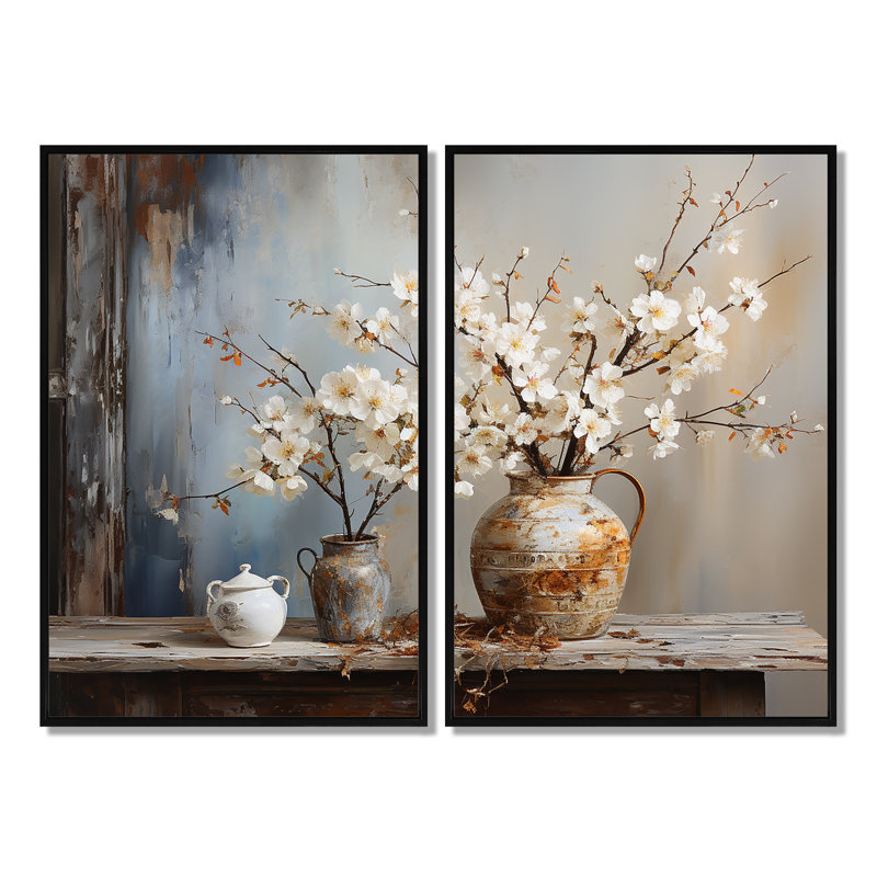 Poterie et fleurs nature morte - impressions sur toile traditionnelles, H 36 po x l 48 po, Noir