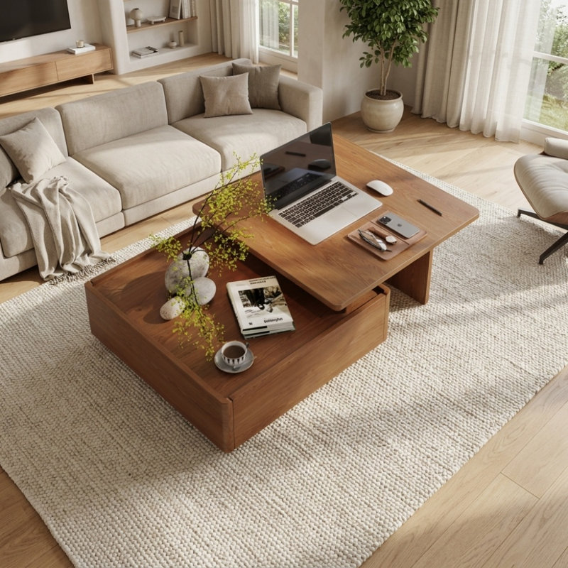 Table basse carrée en noyer de 59,1 po avec plateau de table extensible, rangement caché et tiroirs pour la table centrale du salon