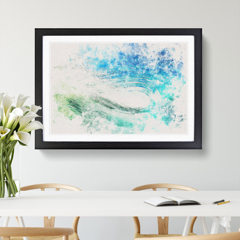 Within The Wave In Blue & Green Watercolour - Picture Frame Graphic Art, 35cm H x 50cm W x 2cm D, Black