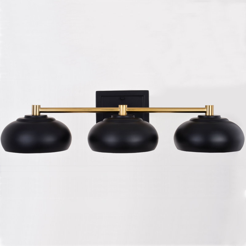 Mid Century Modern Dome Bathroom Vanity Fixture, 3 Lights, Matte Black/Satin Brass