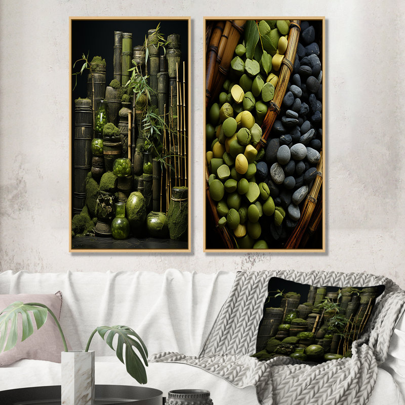 Tranquil Greenery Bamboo Oasis I - Ensemble de 2 impressions sur toile de bambou, H 28 po x l 25 po, Encadrement brun