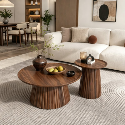 Round Coffee Table Set of 2 with Layered Display and Sturdy Pedestal Base