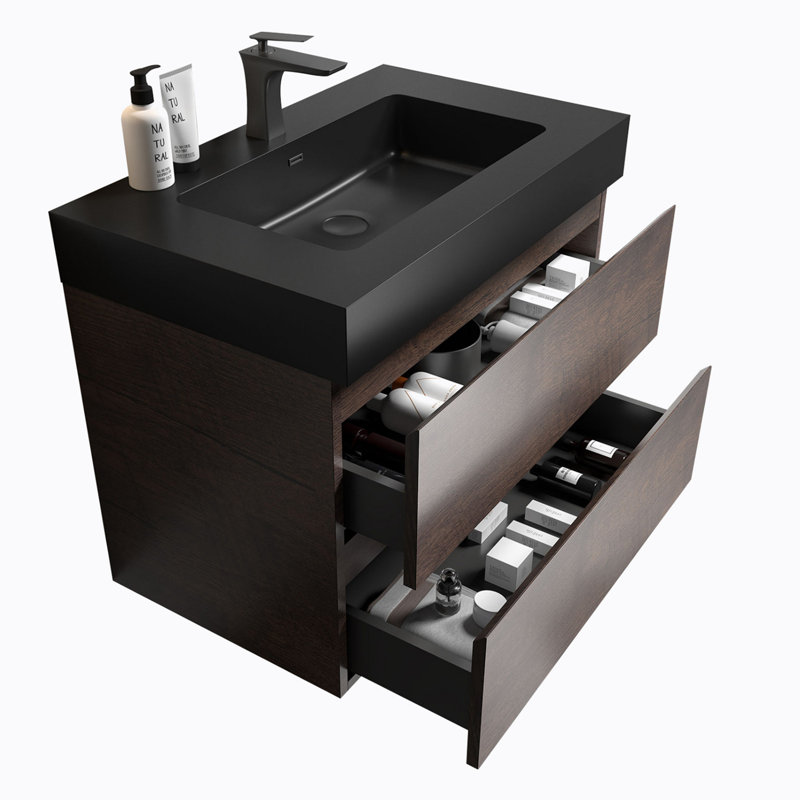 Ensemble de meuble-lavabo mural simple 29,9 po avec plateau Lyann, Noir, Noir