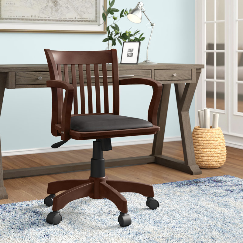 Espresso Wood Banker's Desk Chair with Black Vinyl Seat