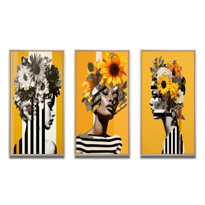 " Vintage Minimalism Striped Woman Flowers " 3 Piece Art Set