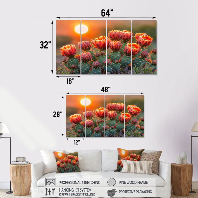 Cactus en fleurs au coucher du soleil I - Art mural floral cactus - ensemble d'art mural traditionnel, H 32 po x l 64 po, 4