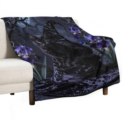 Black Cat Sitting Luxury Flannel Throw Blanket, Soft Warm Fuzzy Blanket for Living Room Sofa Bed Home Decor