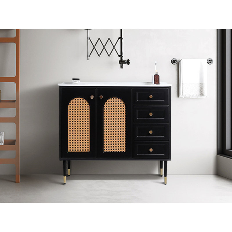 Meuble-lavabo noir avec lavabo et armoire à linge en céramique 36 po, Noir