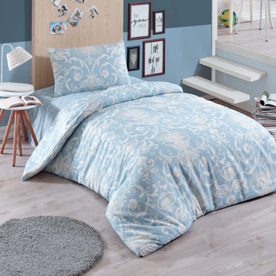 Premium Single Quilt Cover Set, Blue & Cream, Duvet 55.1 x 78.7 inches & Pillowcase 23.6 x 23.6 inches | 65% Cotton / 35% Polyester, Machine Washable, 120 Thread Count, Stylish Envelope & Button Closure Design