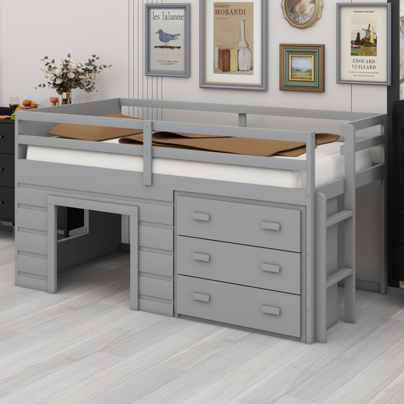 Lit mezzanine avec tiroirs et tablette, Gris