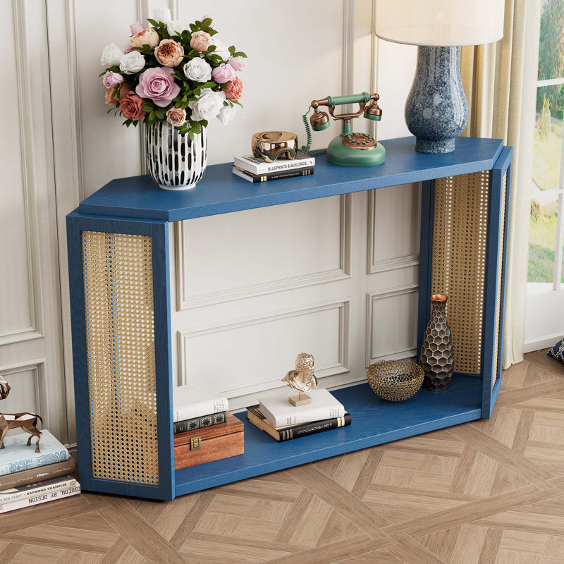 Narrow Console Table With Unique Irregular Top Design & Open Shelf, Antique Blue