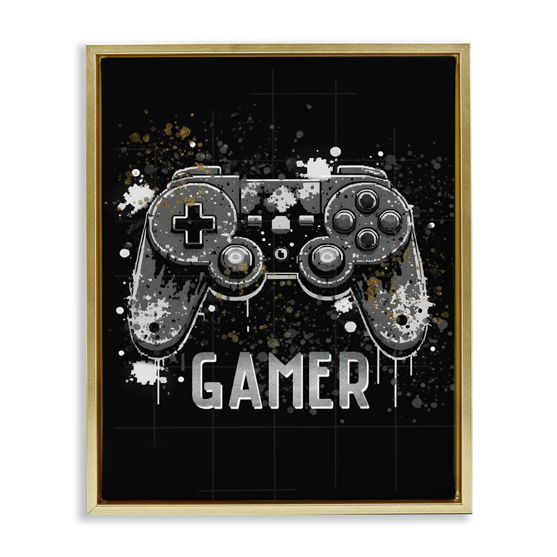 «Gamer with Modern Splash», art mural encadré flottant par Kim Allen, Cadre flottant métallique doré, H 31 po x l 25 po