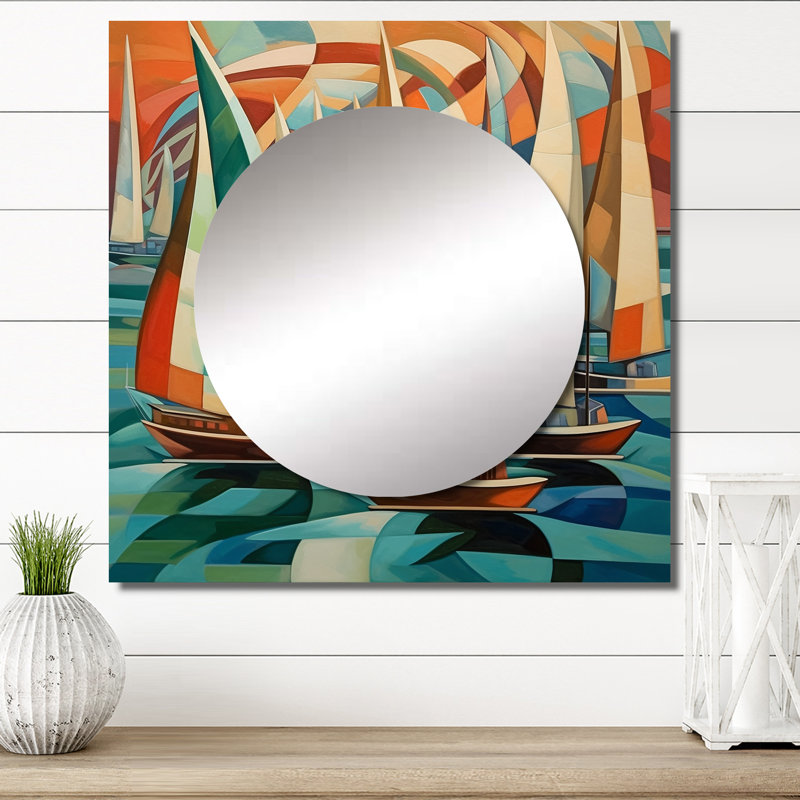 Abstrait voiliers au coucher du soleil, minimaliste cubiste II - bateau, miroir carré pour décoration murale, 36 po x 36 po