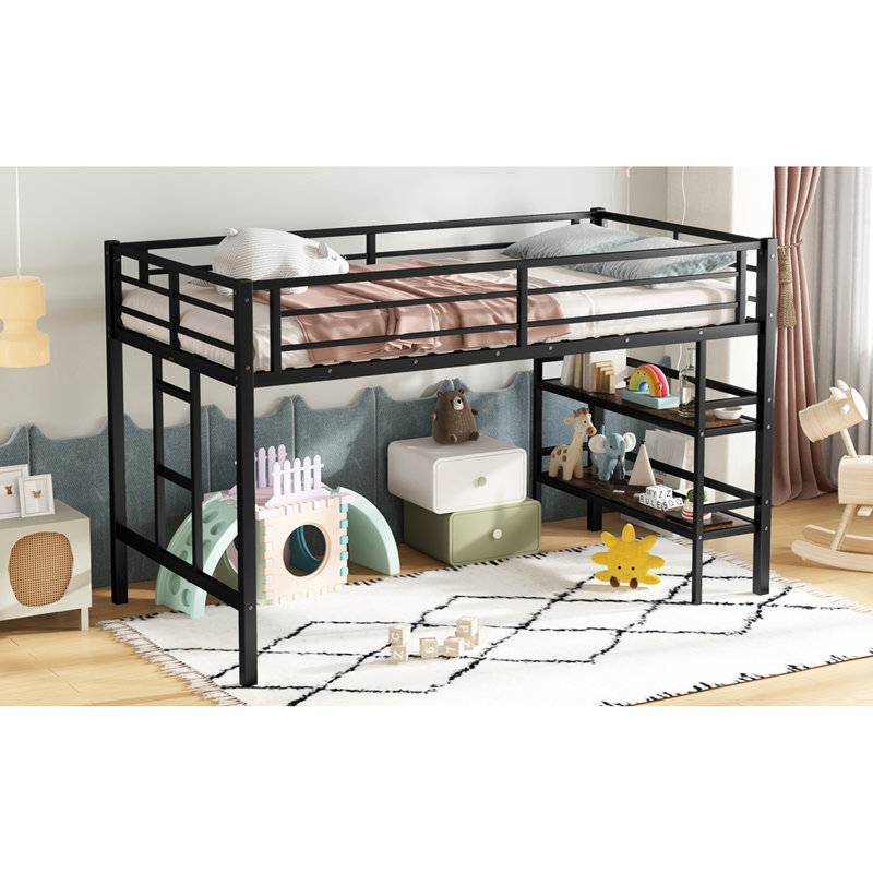 Lit mezzanine simple en métal noir, tablette de rangement, garde-corps, style classique, lit noir de 350 lb pour les adolescents, rangement, design minimaliste, assemblage facile,