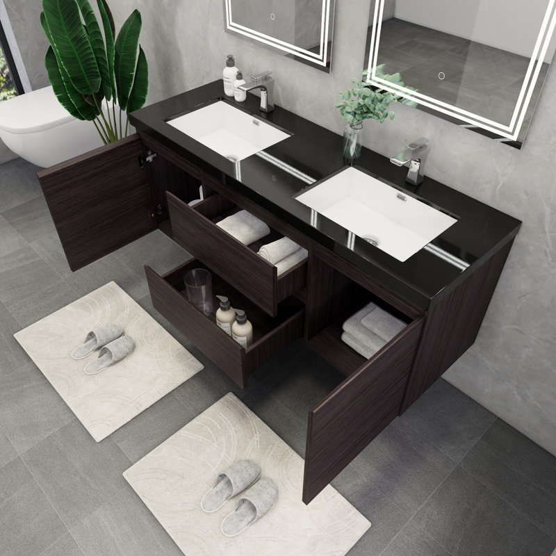 Castin 60" Wall-Mounted Double Bathroom Vanity Set, Dark Gray Oak