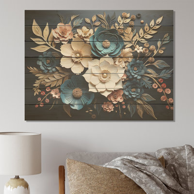 Fleurs de printemps bleues et dorées - fleurs sur bois