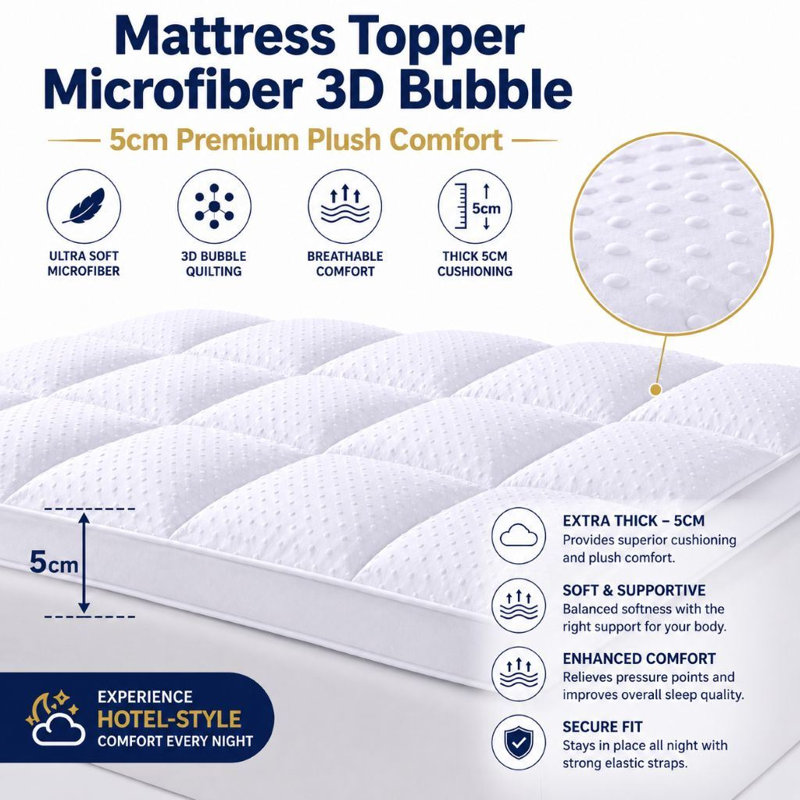 Microfiber Quilted 3D Bubble Mattress Topper 5cm Thick, White, Super King