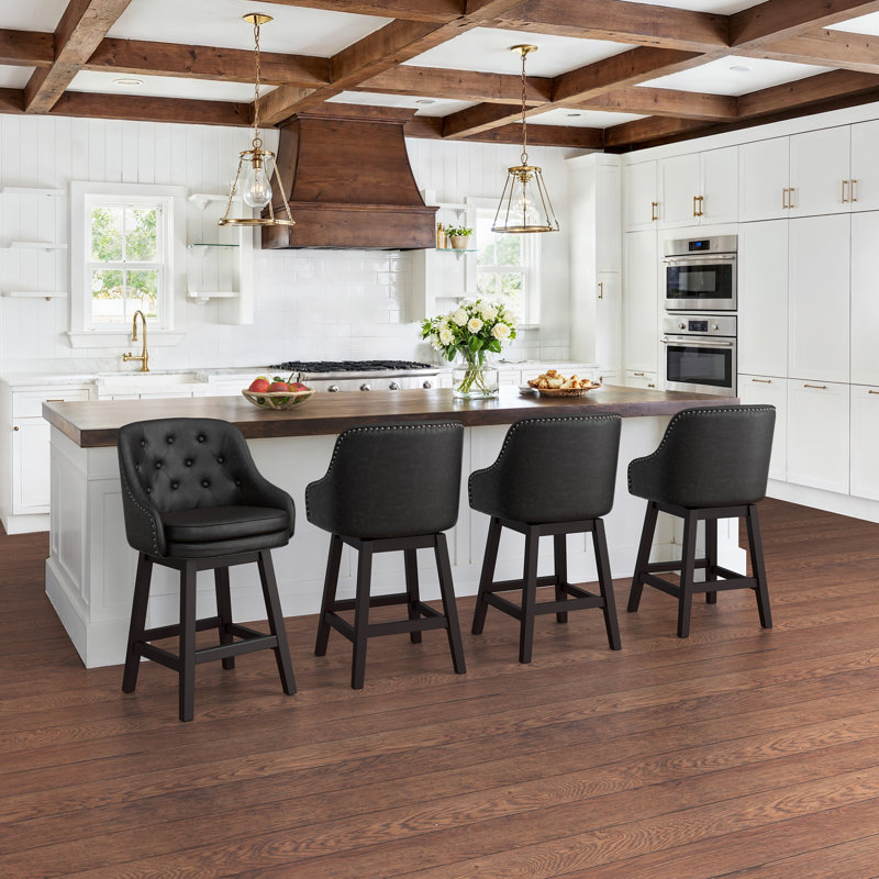 26''H Swivel Bar Stools With Solid Wood Frame(Set Of 2), Black